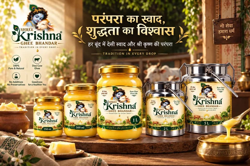 The Shree Krishna range: 250 ml, 500 ml and 1 litre glass jars beside 2 litre and 5 litre steel tins