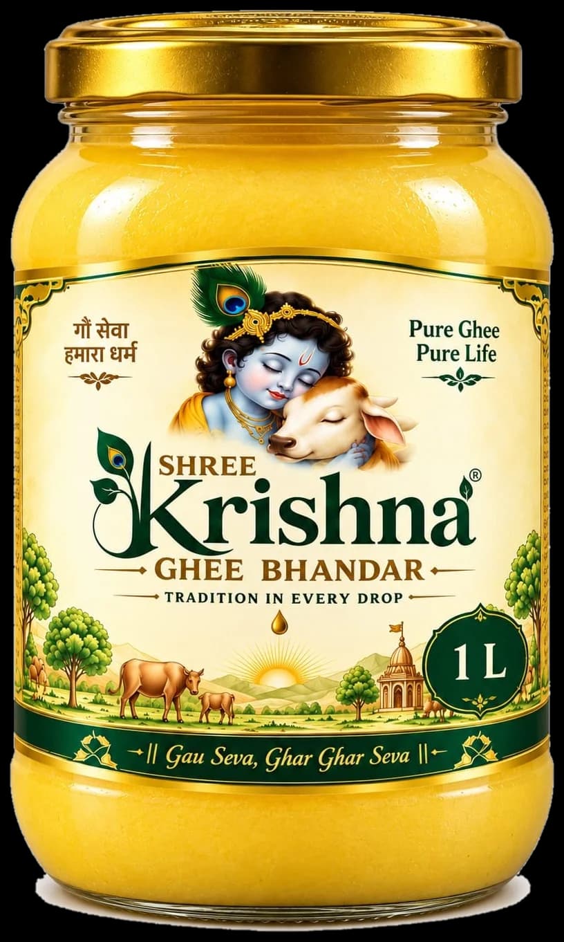A one-litre glass jar of Shree Krishna A2 desi cow ghee with a gold lid
